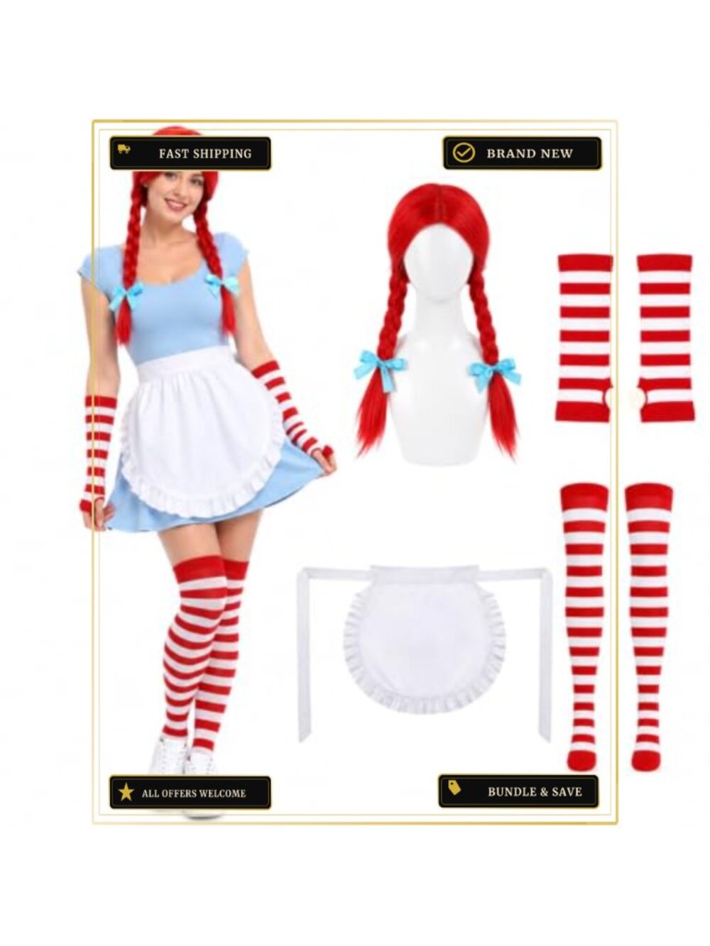 Women Fast Food Costume Set Striped Gloves Socks Wig Apron Cosplay